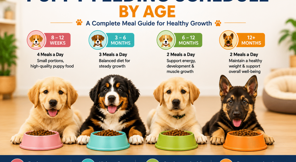 Puppy feeding schedule by age showing meal frequency and nutrition guide for growing puppies