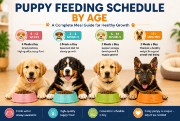 Puppy feeding schedule by age showing meal frequency and nutrition guide for growing puppies